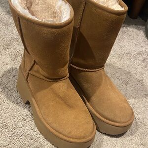UGG Chestnut Suede Platform Shearling Boots